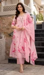 FANCY CHANDERI SILK PRINTED EMBROIDERY SEQUENCE WORK TOP BOTTOM WITH DUPATTA BABY PINK