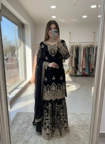 RICH LOOK GEORGETTE EMBROIDERY 5 MM SEQUENCES WORK TOP PALAZZO WITH DUPATTA BLACK