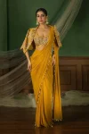 DESIGNE CREPE SILK LACE BORDER WORK READY TO WEAR SAREE WITH STITCHED BLOUSE AND KOTI YELLOW