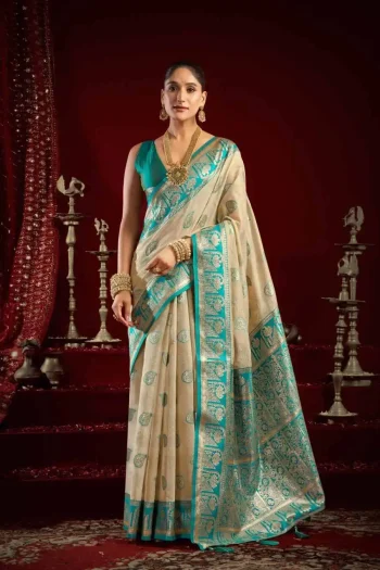 DESIGNER BANARASI JARI WITH ZHALLAR WORK SAREE WITH UNSTITCHED BLOUSE RAMA AND CREAM