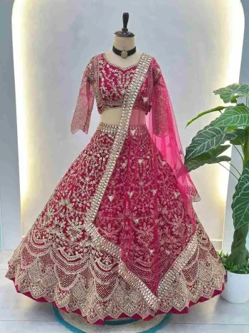 DESIGNER BUTTERFLY NET SEQUENCE AND CODING EMBROIDERY WORK LEHENGA CHOLI WITH DUPATTA PINK