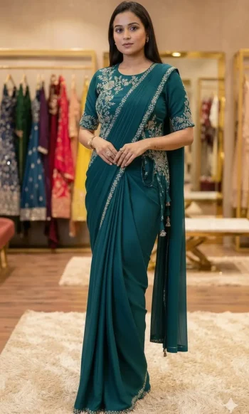 DESIGNER CHINON LACE BORDER WORK READY TO WEAR SAREE WITH STITCHED BLOUSE RAMA