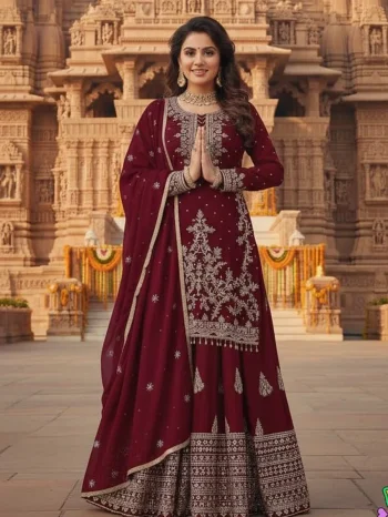 DESIGNER CHINON SILK EMBROIDERY SEQUENCE WORK TOP LEHENGA WITH DUPATTA RED