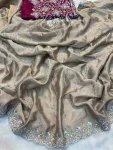 DESIGNER CHINON SILK SEQUENCE WORK WITH CUT WORK BORDER WORK SAREE WITH UNSTITCHED BLOUSE CREAM
