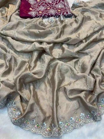 DESIGNER CHINON SILK SEQUENCE WORK WITH CUT WORK BORDER WORK SAREE WITH UNSTITCHED BLOUSE CREAM
