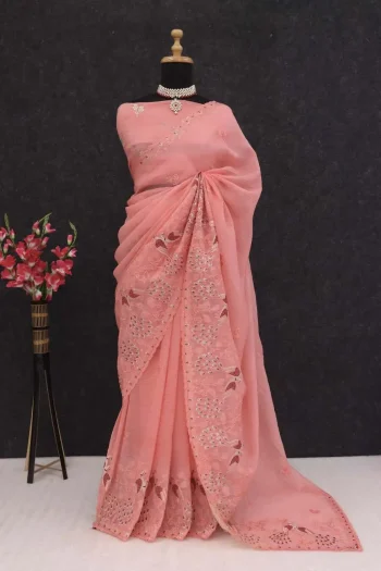 DESIGNER CRUNCHY CRUSH MULTI THREAD EMBROIDERY WITH SEQUENCE WORK SAREE WITH UNSTITCHED BLOUSE PEACH