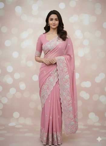 DESIGNER CRUNCHY SILK MULTI EMBROIDERY WORK AND BUTTI WITH CUT WORK SAREE WITH UNSTITCHED BLOUSE BABY PINK