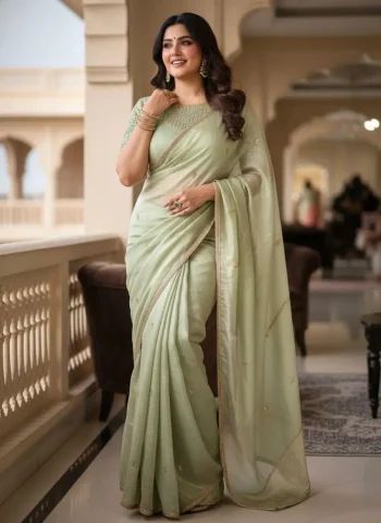 DESIGNER FENDY CRUSH SEQUANCE BUTTI WITH FANCY LACE WORK SAREE WITH STITCHED BLOUSE PISTA
