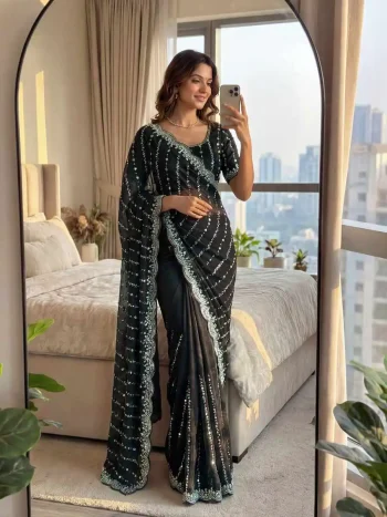 DESIGNER FENDY SATIN BEADS AND SEQUENCE EMBROIDERY WORK SAREE WITH UNSTITCHED BLOUSE BLACK