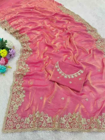 DESIGNER FENDY SATIN SEQUENCE EMBROIDERY AND MULTI THREAD WITH ARCO CUT WORK SAREE WITH UNSTITCHED BLOUSE PEACH