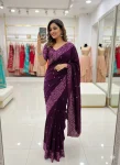 DESIGNER FENDY SATIN SILK MULTI THREAD SEQUENCE WORK SAREE WITH UNSTITCHED BLOUSE WINE