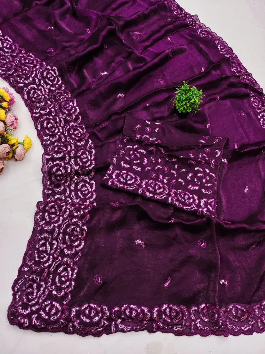 2DESIGNER FENDY SATIN SILK MULTI THREAD SEQUENCE WORK SAREE WITH UNSTITCHED BLOUSE WEDDING WEAR WHOLESALE PRICE ETHNIC GARMENT (9)