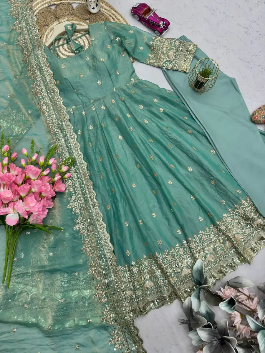 2DESIGNER FENDY SILK EMBROIDERY SEQUENCE WORK GOWN BOTTOM WITH DUPATTA WEDDING WEAR WHOLESALE PRICE ETHNIC GARMENT (20)