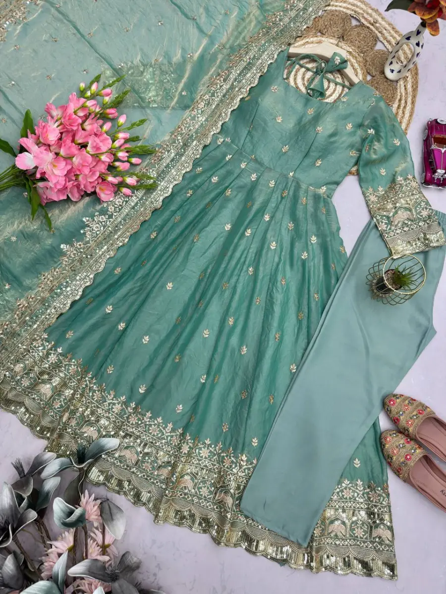 2DESIGNER FENDY SILK EMBROIDERY SEQUENCE WORK GOWN BOTTOM WITH DUPATTA WEDDING WEAR WHOLESALE PRICE ETHNIC GARMENT (22)