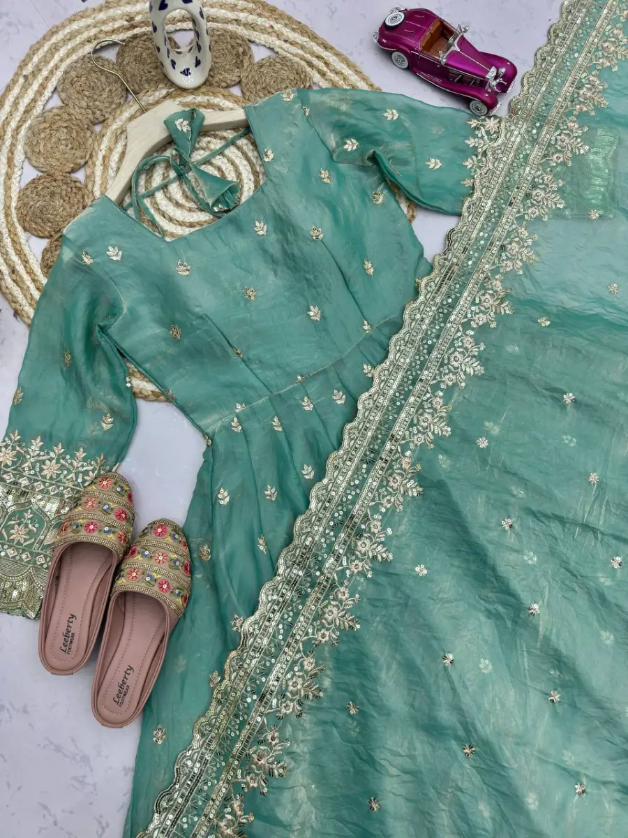 2DESIGNER FENDY SILK EMBROIDERY SEQUENCE WORK GOWN BOTTOM WITH DUPATTA WEDDING WEAR WHOLESALE PRICE ETHNIC GARMENT (23)