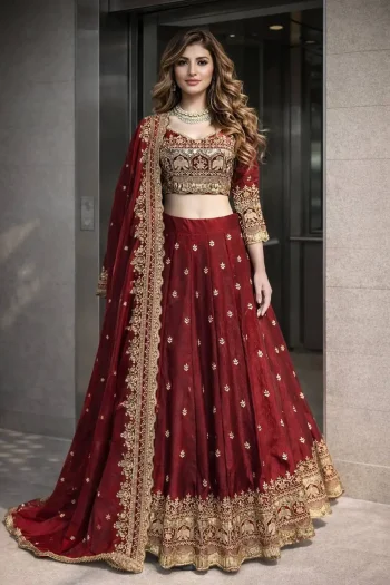 DESIGNER FENDY SILK EMBROIDERY SEQUENCE WORK LEHENGA CHOLI WITH DUPATTA MAROON
