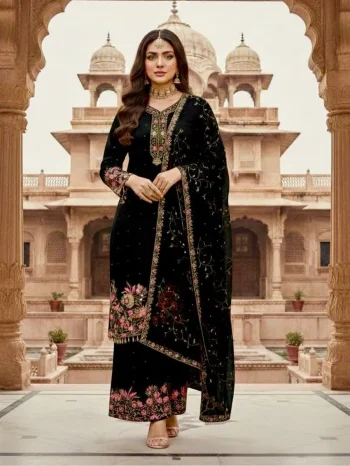 DESIGNER GEORGETTE EMBROIDERY   SEQUENCE  WITH PEARL MOTI HAND WORK AND FANCY LACE BORDER WORK TOP PALAZZO WITH DUPATTA BLACK