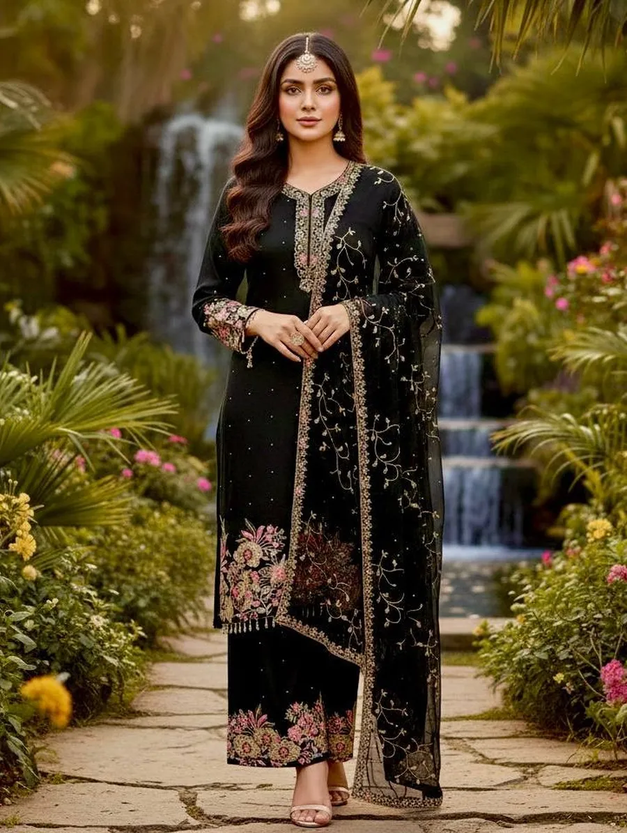 2DESIGNER GEORGETTE EMBROIDERY SEQUENCE WITH PEARL MOTI HAND WORK AND FANCY LACE BORDER WORK TOP PALAZZO WITH DUPATTA FESTIVE WEAR WHOLESALE PRICE ETHNIC GARMENT (21)