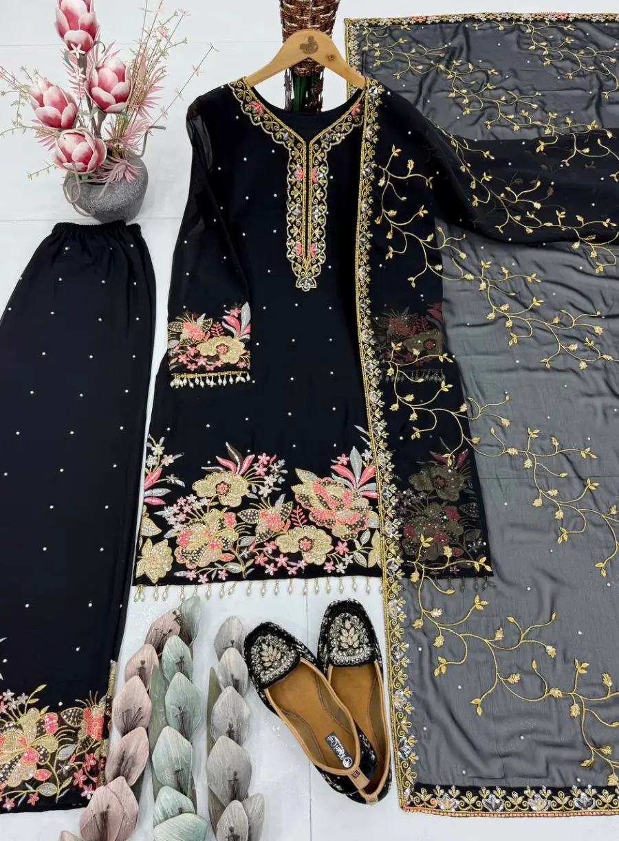 2DESIGNER GEORGETTE EMBROIDERY SEQUENCE WITH PEARL MOTI HAND WORK AND FANCY LACE BORDER WORK TOP PALAZZO WITH DUPATTA FESTIVE WEAR WHOLESALE PRICE ETHNIC GARMENT (23)