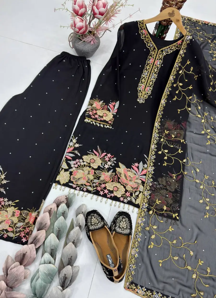 2DESIGNER GEORGETTE EMBROIDERY SEQUENCE WITH PEARL MOTI HAND WORK AND FANCY LACE BORDER WORK TOP PALAZZO WITH DUPATTA FESTIVE WEAR WHOLESALE PRICE ETHNIC GARMENT (24)