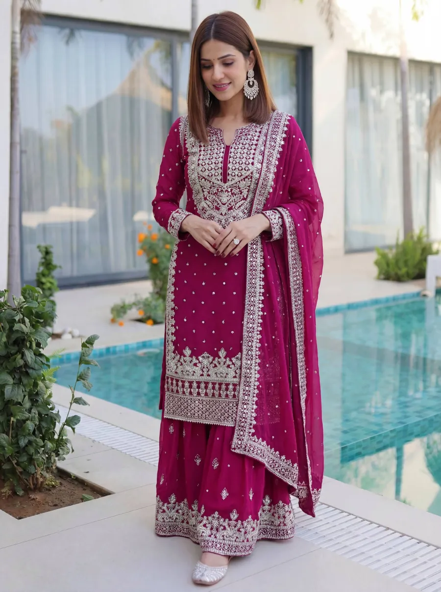 2DESIGNER GEORGETTE EMBROIDERY SEQUENCE ZARI WORK TOP SHARARA WITH DUPATTA FESTIVE WEAR WHOLESALE PRICE ETHNIC GARMENT (23)