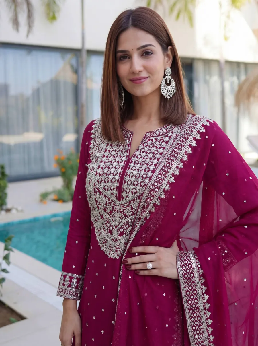 2DESIGNER GEORGETTE EMBROIDERY SEQUENCE ZARI WORK TOP SHARARA WITH DUPATTA FESTIVE WEAR WHOLESALE PRICE ETHNIC GARMENT (24)