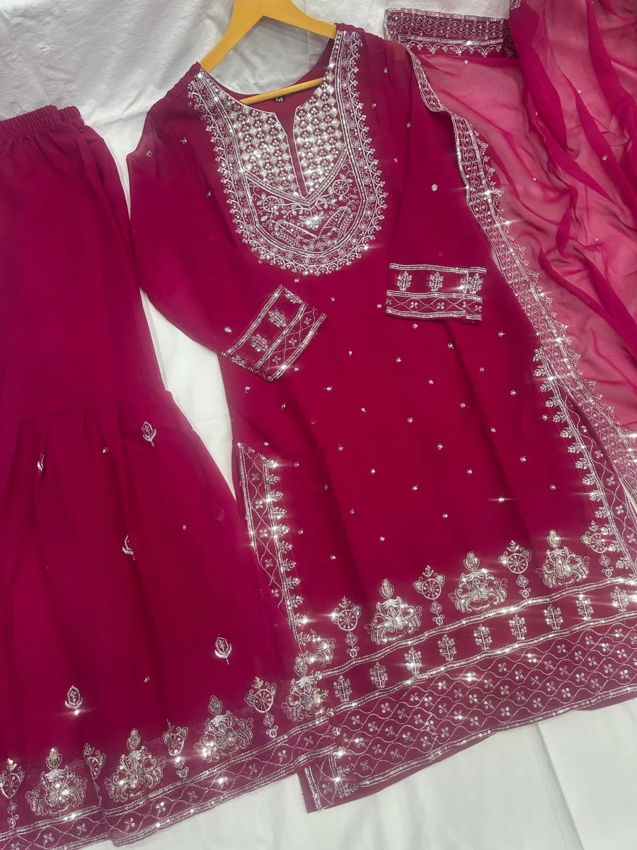 2DESIGNER GEORGETTE EMBROIDERY SEQUENCE ZARI WORK TOP SHARARA WITH DUPATTA FESTIVE WEAR WHOLESALE PRICE ETHNIC GARMENT (29)