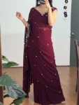 DESIGNER GEORGETTE EMBROIDERY WITH REAL MIRROR & PEARLS HAND WORK STYLE READY TO WEAR SAREE WITH STITCHED BLOUSE WINE