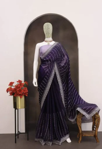 DESIGNER GMY CHIFFON SILK 3MM SEQUENCE WORK SAREE WITH UNSTITCHED BLOUSE PURPLE