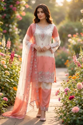 DESIGNER GMY SILK EMBROIDERY AND SEQUENCE WITH DIGITAL PRINT WORK TOP BOTTOM WITH DUPATTA PEACH