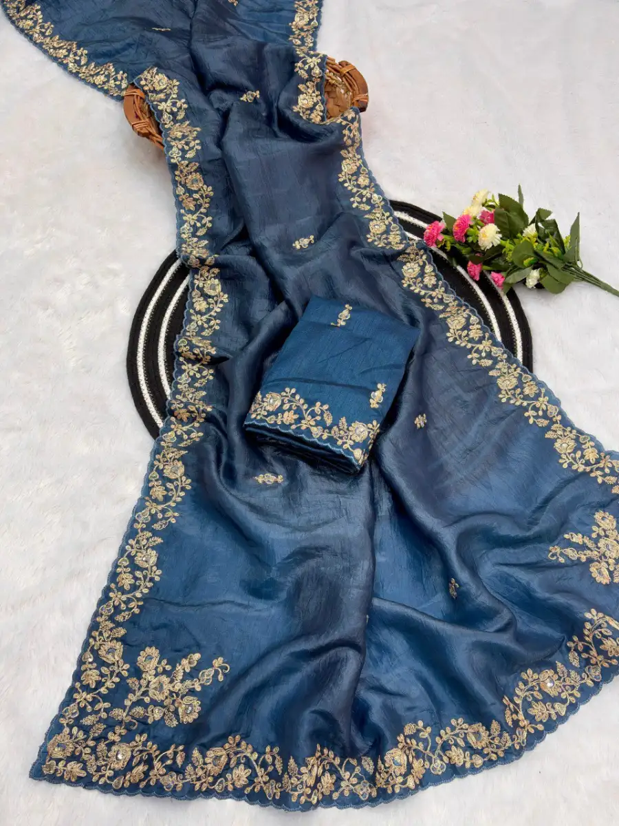2DESIGNER GOLD CRUSH COTTON THREAD EMBROIDERY WITH SEQUENCE & CODING WORK SAREE WITH UNSTITCHED BLOUSE WEDDING WEAR WHOLESALE PRICE ETHNIC GARMENT (13)