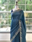2DESIGNER GOLD CRUSH COTTON THREAD EMBROIDERY WITH SEQUENCE & CODING WORK SAREE WITH UNSTITCHED BLOUSE WEDDING WEAR WHOLESALE PRICE ETHNIC GARMENT (25)