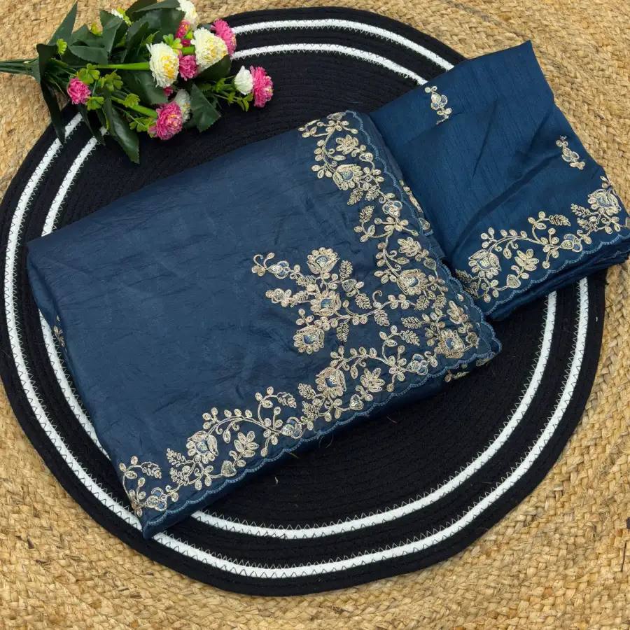 2DESIGNER GOLD CRUSH COTTON THREAD EMBROIDERY WITH SEQUENCE & CODING WORK SAREE WITH UNSTITCHED BLOUSE WEDDING WEAR WHOLESALE PRICE ETHNIC GARMENT (15)