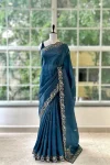 DESIGNER GOLD CRUSH COTTON THREAD EMBROIDERY WITH SEQUENCE & CODING WORK SAREE WITH UNSTITCHED BLOUSE TEAL