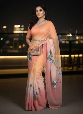 DESIGNER GOLD CRUSH HANDPAINT HANDWORK CUT DANA WORK SAREE WITH UNSTITCHED BLOUSE PEACH