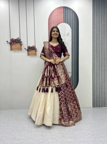 DESIGNER JACQUARD SILK FANCY MOTI WORK LEHENGA CHOLI WITH DUPATTA WINE