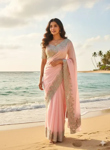 DESIGNER ORGANZA EMBROIDERY CUT WORK MULTI THREAD WORK SAREE WITH UNSTITCHED BLOUSE BABY PINK