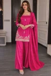DESIGNER ROMAN SILK SEQUENCE EMBROIDERY WORK TOP PALAZZO WITH DUPATTA PINK