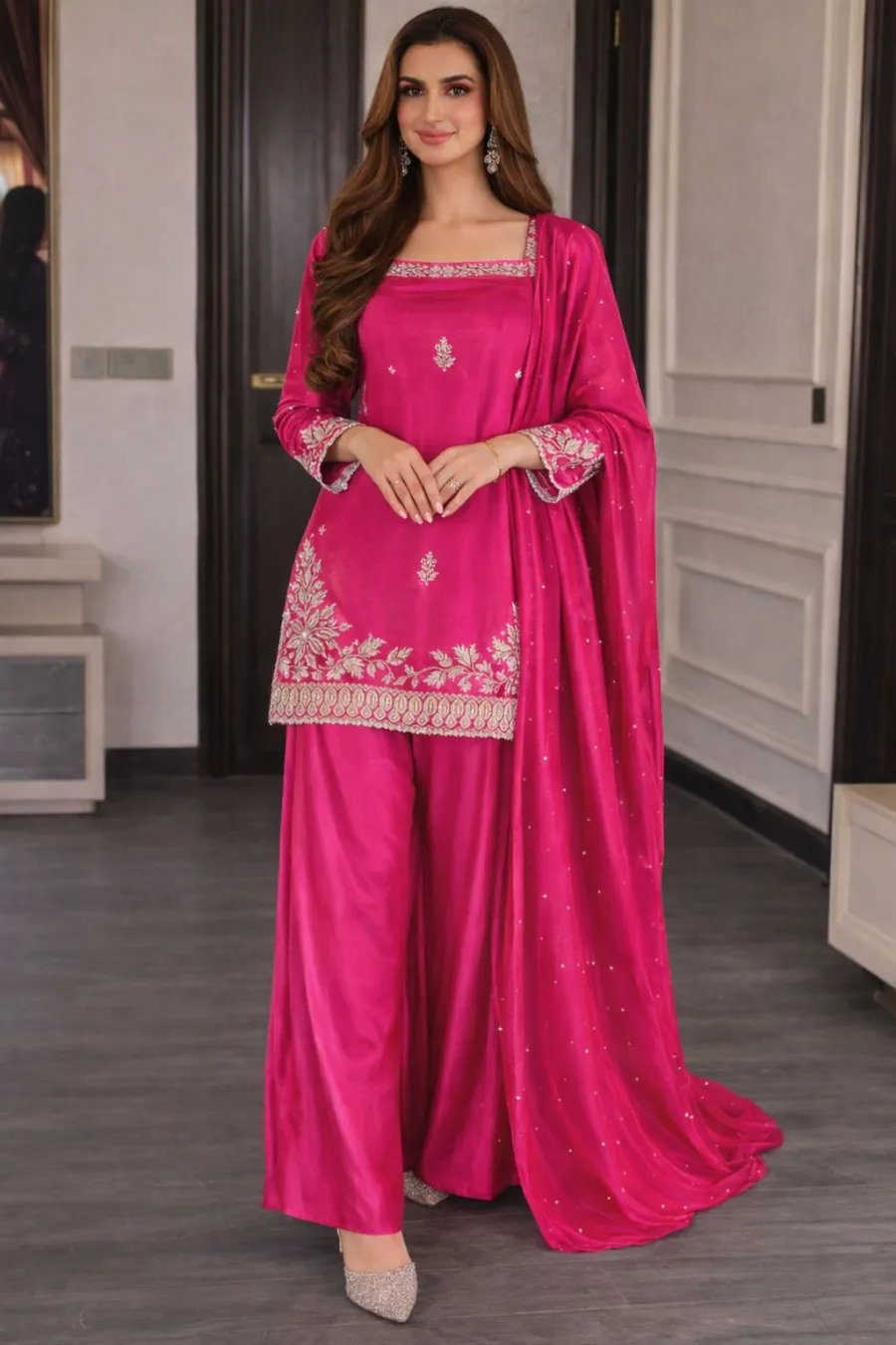 2DESIGNER ROMAN SILK SEQUENCE EMBROIDERY WORK TOP PALAZZO WITH DUPATTA FESTIVE WEAR WHOLESALE PRICE ETHNIC GARMENT (5)