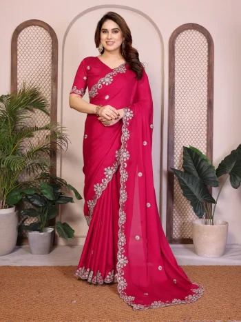 DESIGNER SATIN CHIFFON EMBROIDERY WORK LACE BORDER SAREE WITH UNSTITCHED BLOUSE RANI
