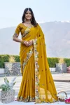 DESIGNER SATIN CHIFFON THREAD & SEQUENCE EMBROIDERY WORK SAREE WITH UNSTITCHED BLOUSE YELLOW