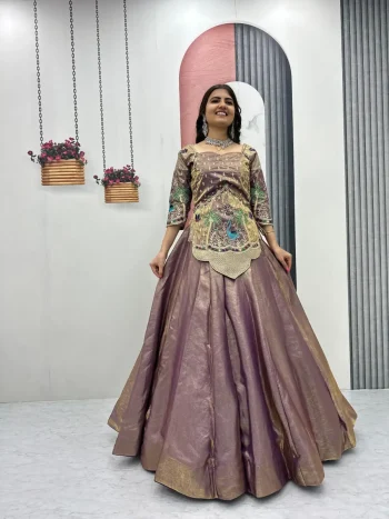 DESIGNER SILK SATIN EMBROIDERY THREAD & SEQUENCE WORK LEHENGA CHOLI PURPLE