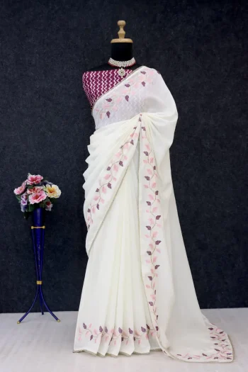 DESIGNER SOFT SILK THREAD WORK & READY MADE LACE BORDER WORK SAREE WITH UNSTITCHED BLOUSE WINE