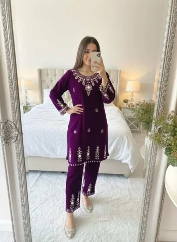 DESIGNER VELVET EMBROIDERY WITH REAL MIRROR WORK CO-ORD SET PURPLE