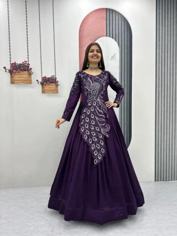 DESIGNER VICHITRA SILK EMBROIDERY SEQUENCE WORK GOWN PURPLE