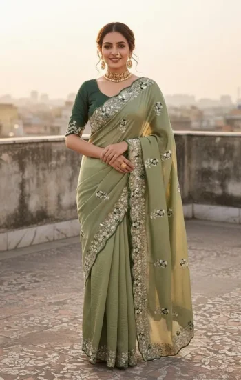 DESIGNER VICHITRA SILK SEQUENCE  THREAD  EMBROIEDRY WORK SAREE WITH UNSTITCHED BLOUSE PISTA