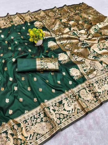 FANCY BANARASI SILK ZARI WEAVING RICH PALLU WITH ZARI WEAVING UNIQUE BORDER WORK SAREE WITH UNSTITCHED BLOUSE GREEN