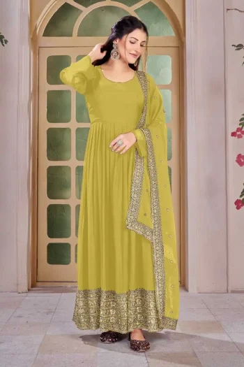 FANCY GEORGETTE EMBROIDERY SEQUENCE WORK GOWN BOTTOM WITH DUPATTA YELLOW