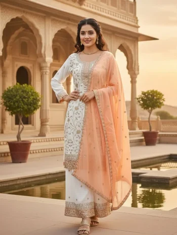 FANCY GEORGETTE EMBROIDERY SEQUENCE WORK TOP PALAZZO WITH DUPATTA PEACH