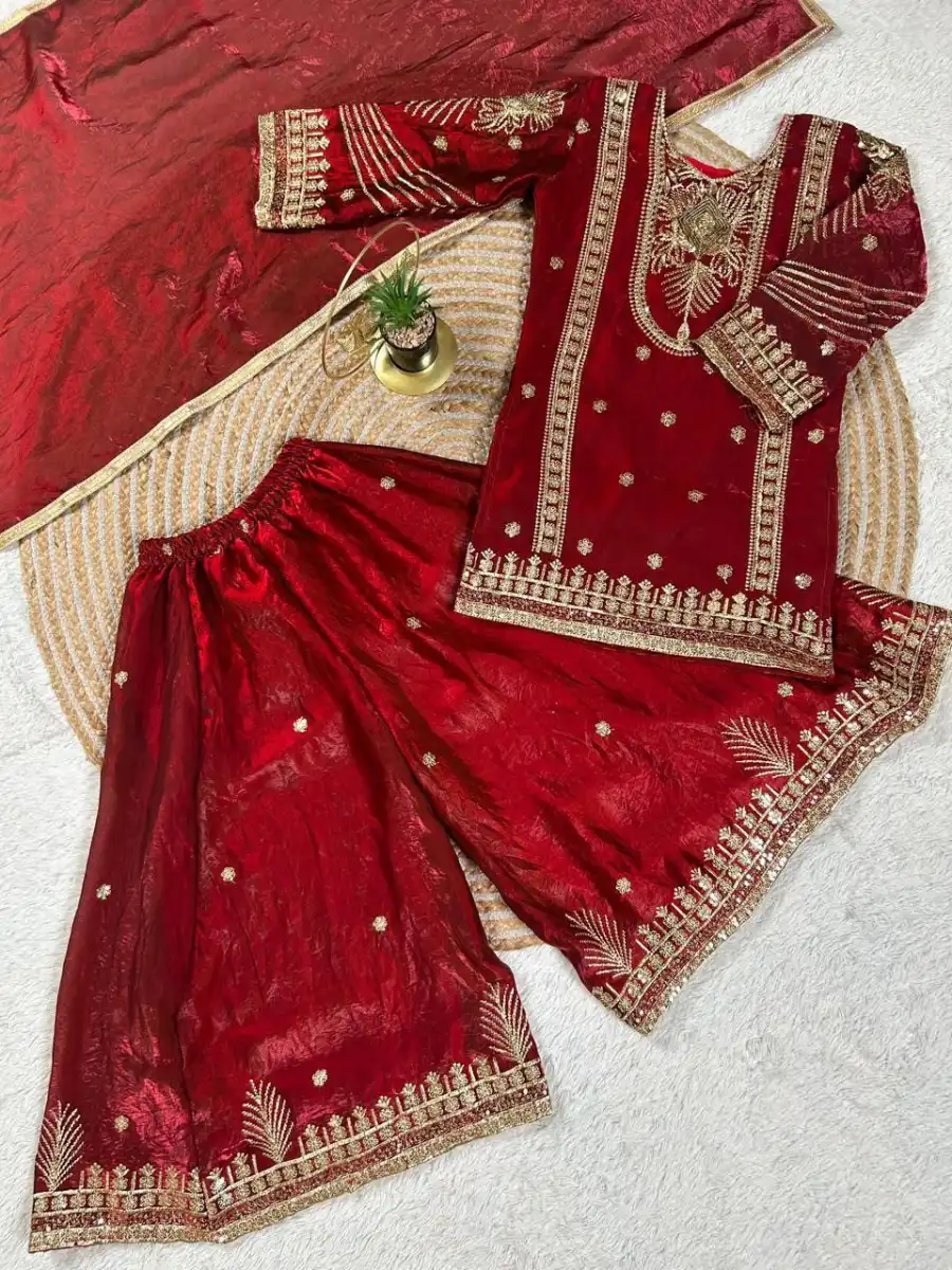 2FANCY GMY SILK EMBROIDERY SEQUENCE WORK KIDS TOP PALAZZO WITH DUPATTA FESTIVE WEAR WHOLESALE PRICE ETHNIC GARMENT (6)